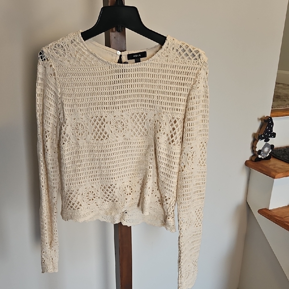 Aqua Cream Crochet Blouse Womens L